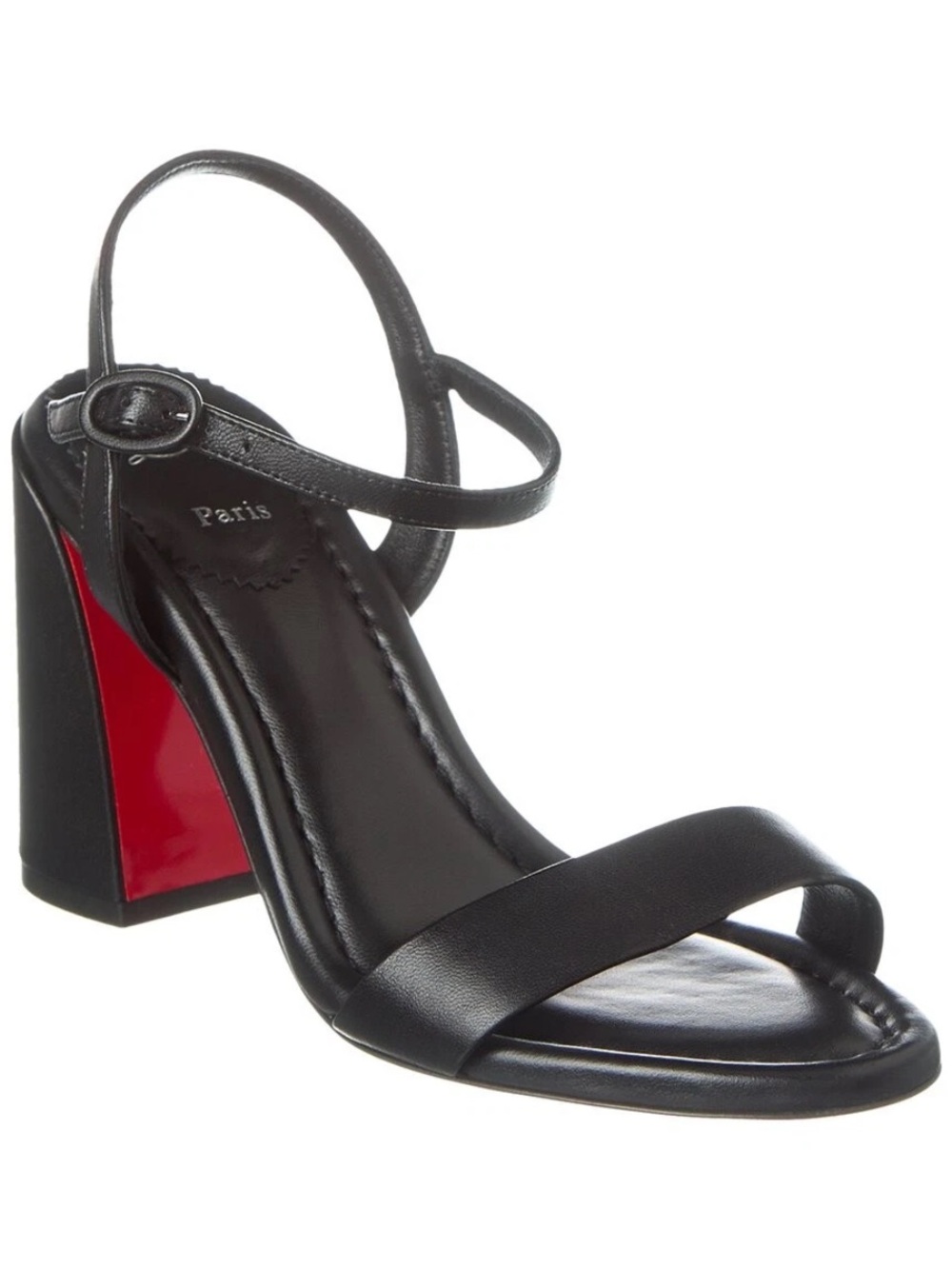 Christian Louboutin Miss Jane Black Leather Sandals with Red Block Heel-New